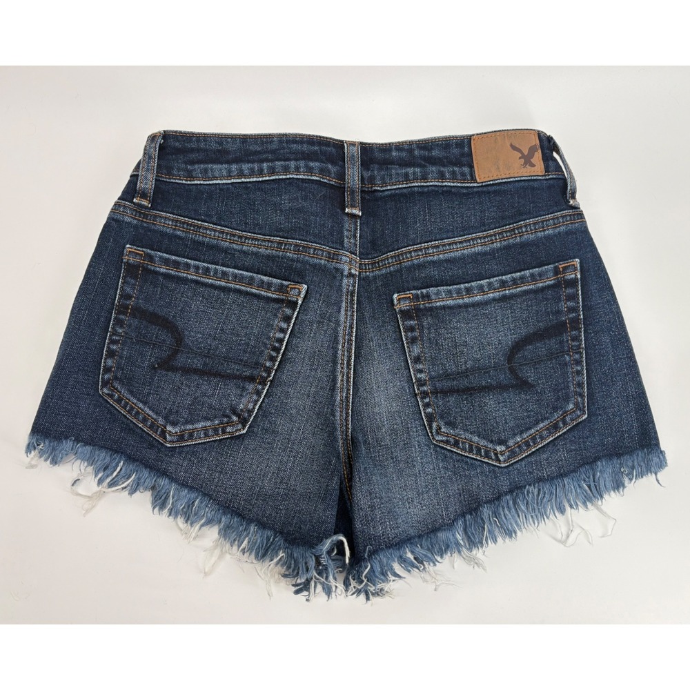 American Eagle Vintage Hi-Rise Festival Denim Shorts Dark Wash Frayed Hem Size 0 - Picture 4 of 7